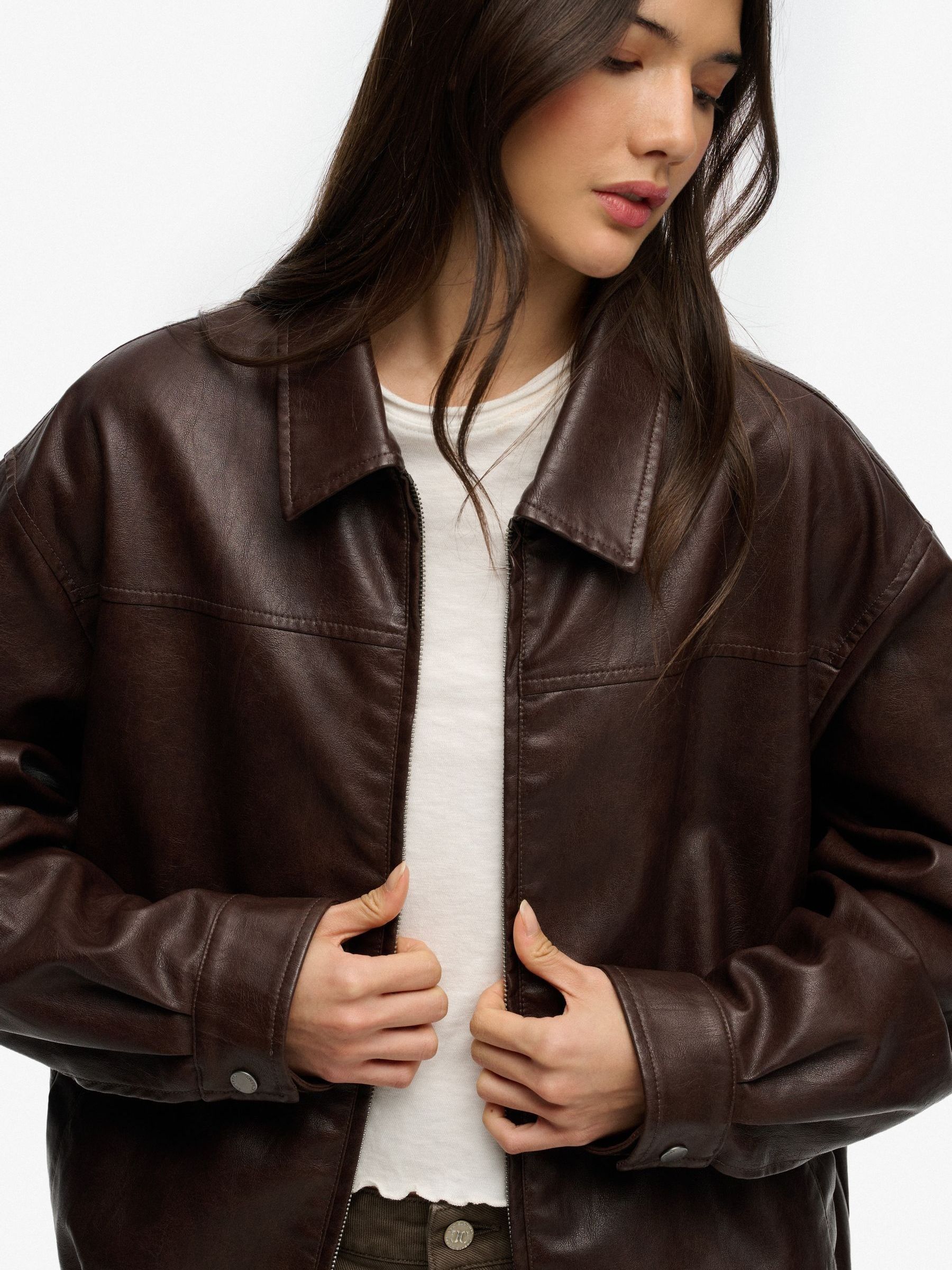Buy Superdry Brown Collared Oversized Faux Leather Bomber Jacket