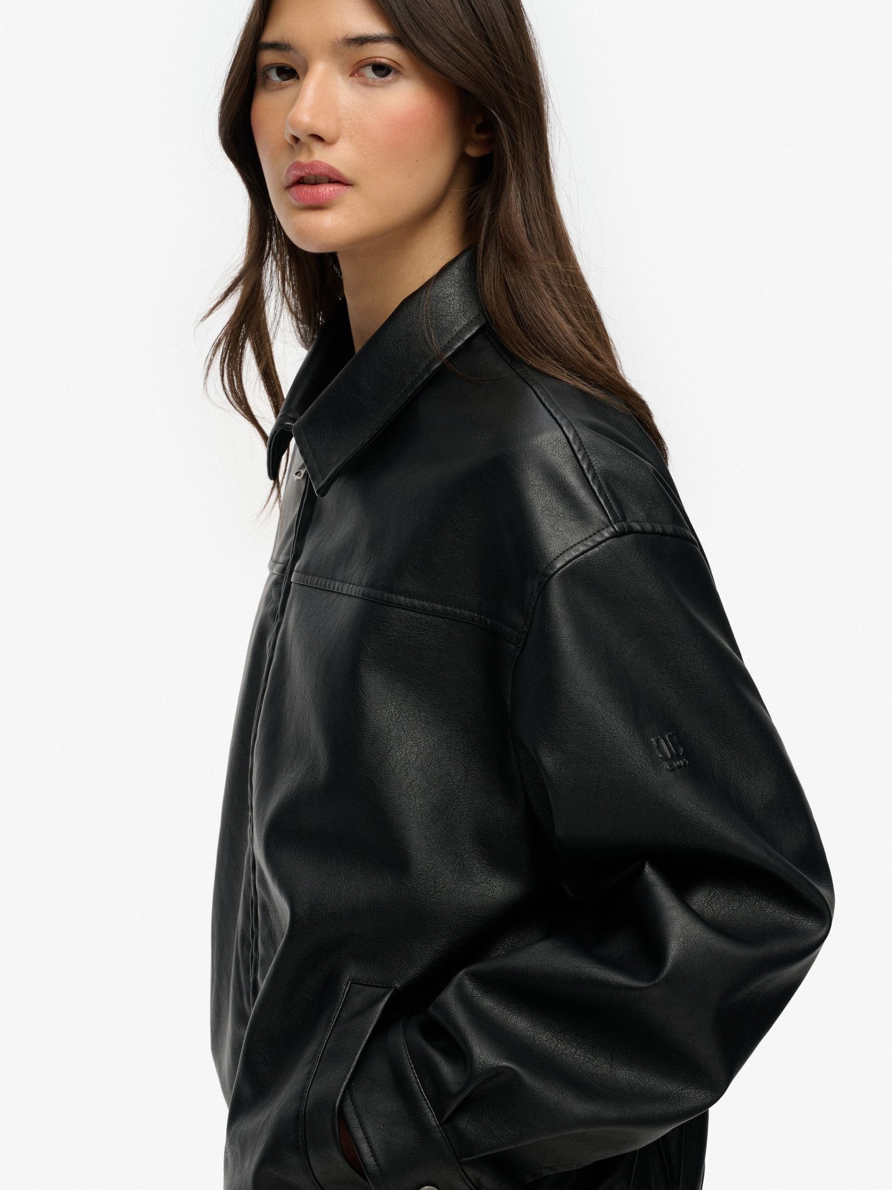 Buy Superdry Black Collared Oversized Faux Leather Bomber Jacket