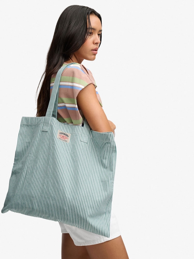 Superdry Green/White Oxford Stripe Tote Bag - Image 1 of 1