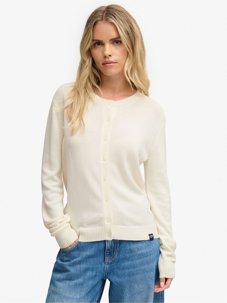 Superdry White Essential Crew Neck Cardigan - Image 1 of 7