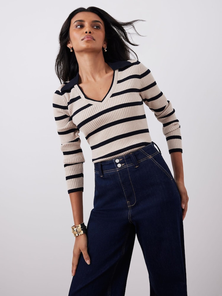 Mint Velvet Cotton Blend Striped Ribbed Top - Imagen 2 de 7