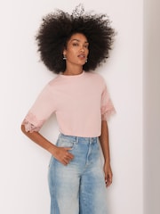 Mint Velvet Pink Cotton Lace Trim T-Shirt - Image 1 of 6