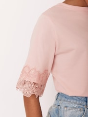 Mint Velvet Pink Cotton Lace Trim T-Shirt - Image 4 of 6