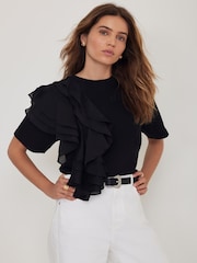 Mint Velvet Black Cotton Frill T-Shirt - Image 1 of 7
