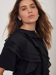 Mint Velvet Black Cotton Frill T-Shirt - Image 4 of 7