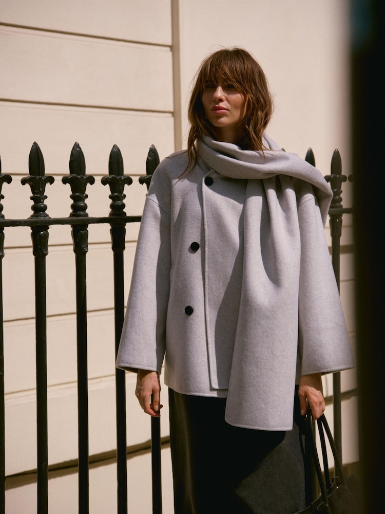 Mint Velvet Grey Light Hand Finished Scarf Detail Coat - Image 2 of 8 Mint Velvet Grey Light Hand Finished Scarf Detail Coat - Image 2 of 8