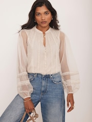 Mint Velvet Natural Sheer Trim Detail Blouse - Image 1 of 8