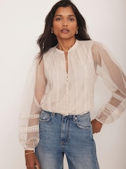 Mint Velvet Natural Sheer Trim Detail Blouse - Image 2 of 8