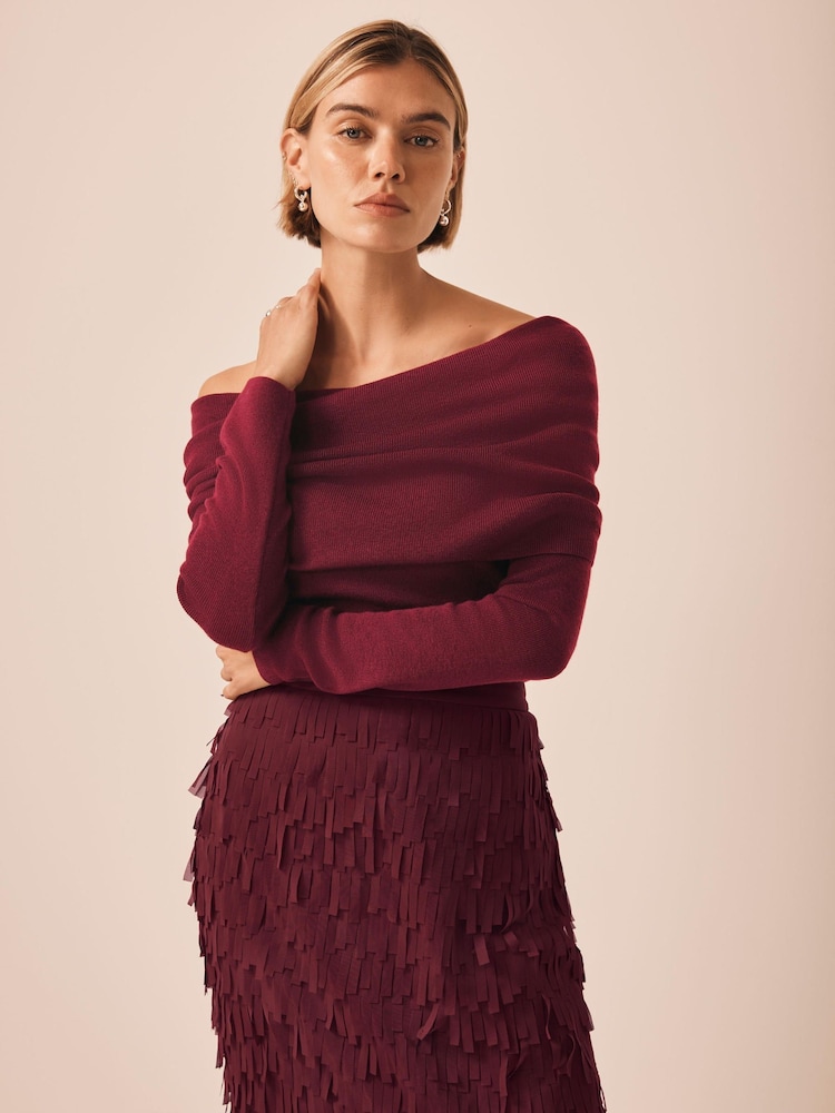 Mint Velvet Red Ribbed Bardot Top - Image 1 of 8 Mint Velvet Red Ribbed Bardot Top - Image 1 of 8