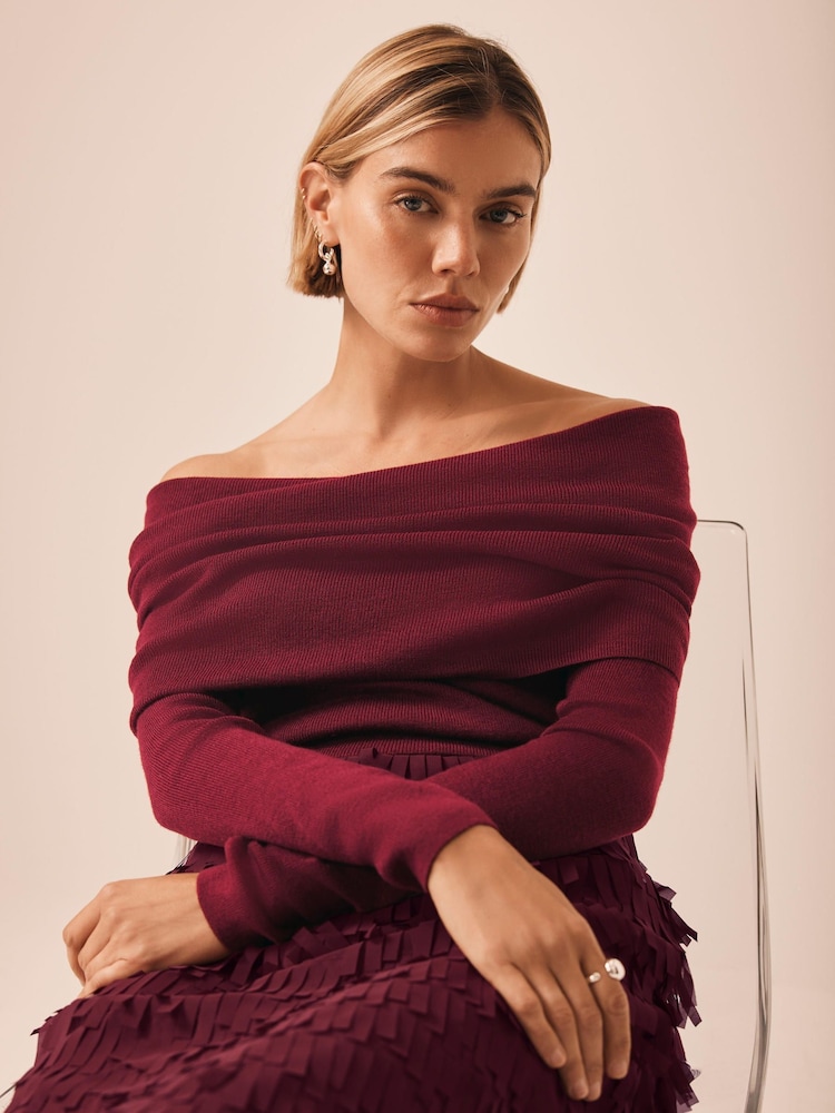 Mint Velvet Red Ribbed Bardot Top - Image 2 of 8 Mint Velvet Red Ribbed Bardot Top - Image 2 of 8