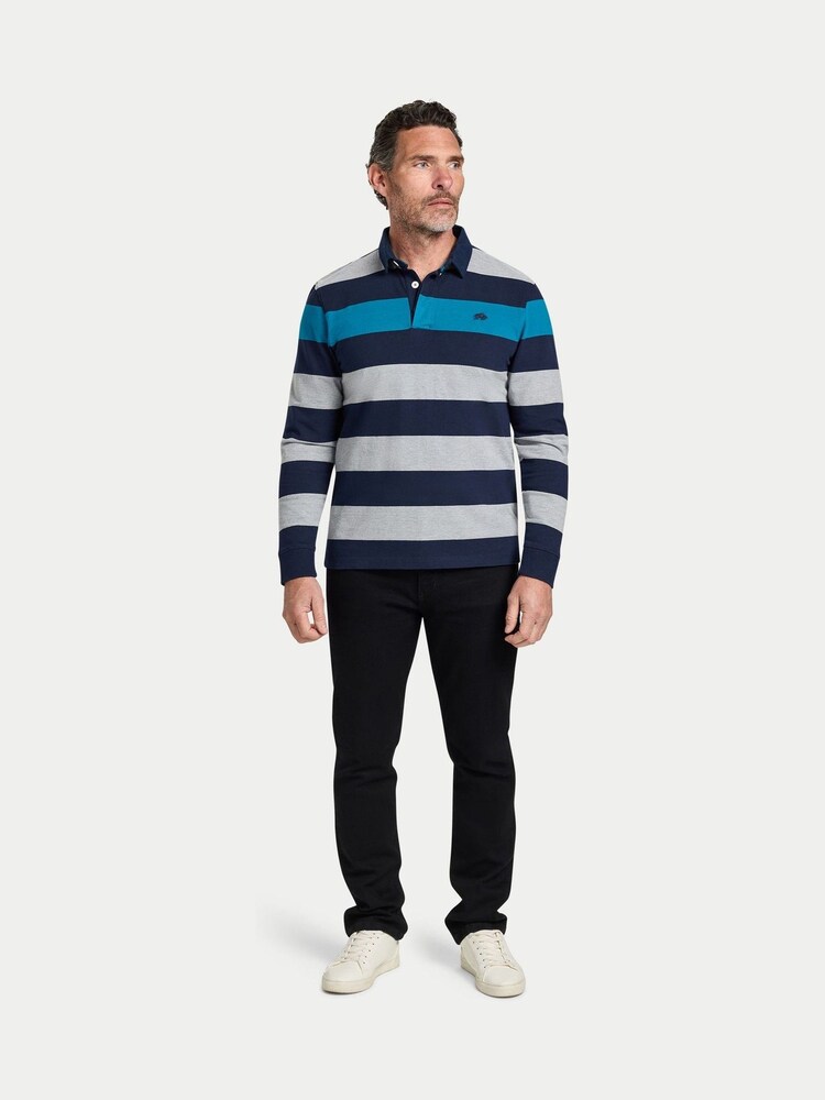 Raging Bull Blue Long Sleeve Contrast Chest Stripe Rugby Shirt - Image 1 of 5 Raging Bull Blue Long Sleeve Contrast Chest Stripe Rugby Shirt - Image 1 of 5