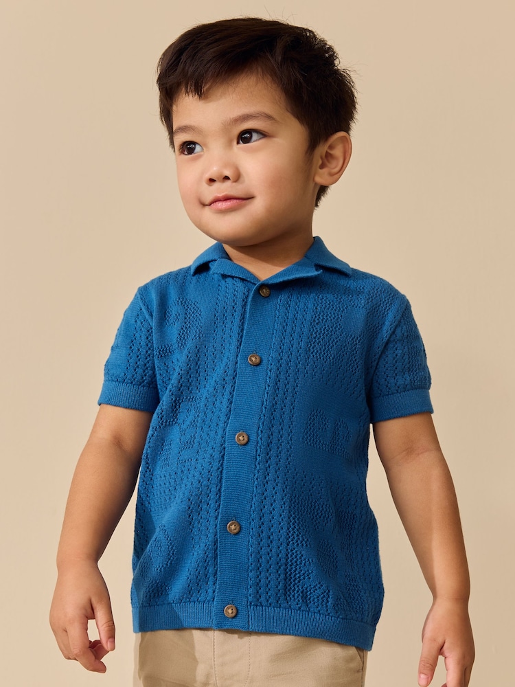 Blue Textured Knitted Polo Shirt (3mths-7yrs) - Image 1 of 8 Blue Textured Knitted Polo Shirt (3mths-7yrs) - Image 1 of 8