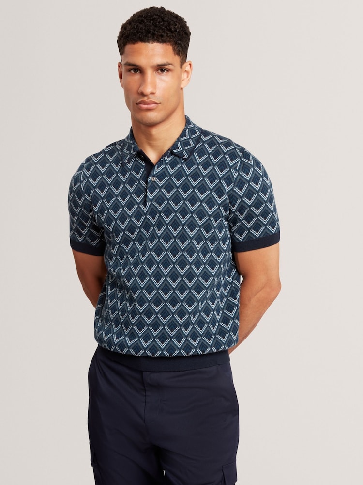 Ted Baker Blue Melvvin Short Sleeve Geo Jacquard Knit Polo Shirt - Image 1 of 5 Ted Baker Blue Melvvin Short Sleeve Geo Jacquard Knit Polo Shirt - Image 1 of 5