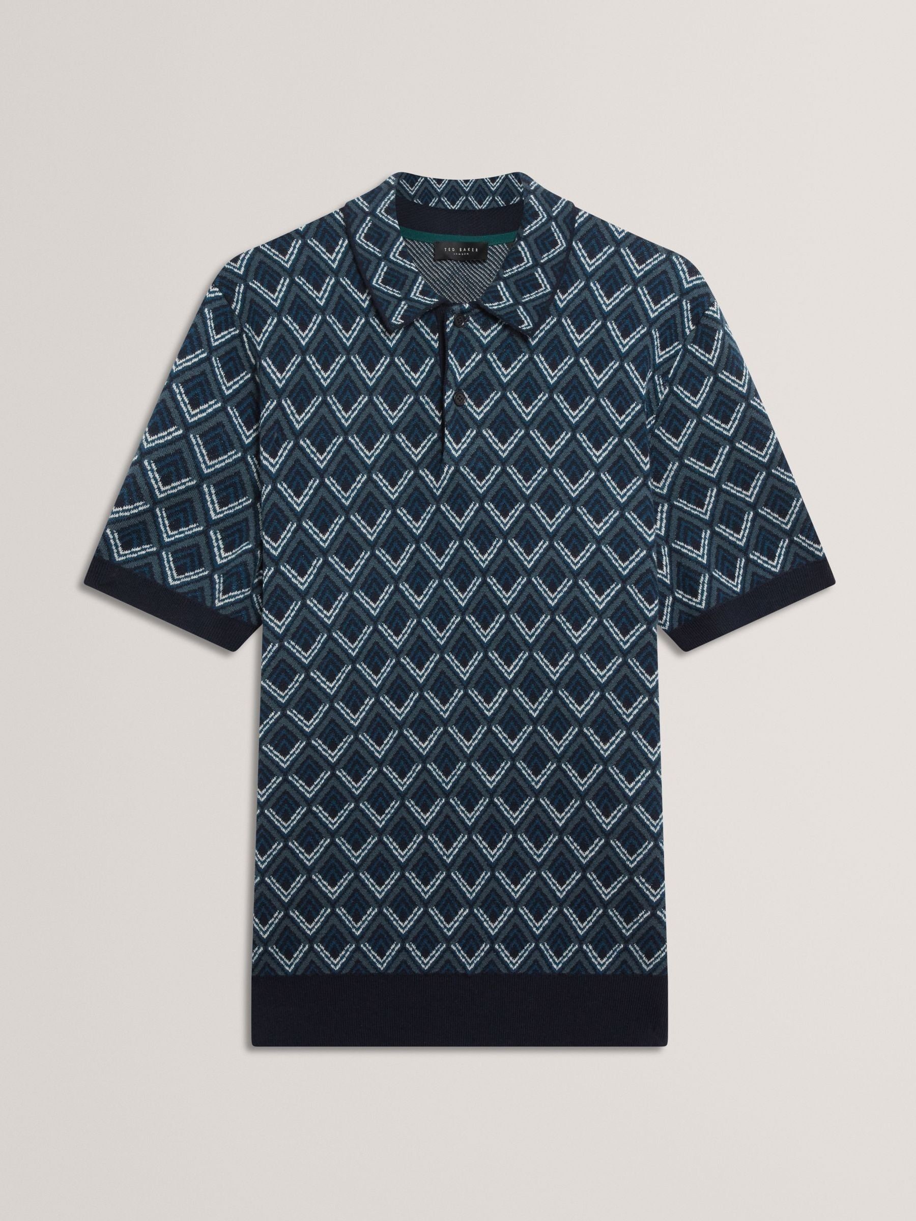 LEOPARD JACQUARD KNIT POLO SHIRT【BLUE】 Deep-sea blue polo shirt, 