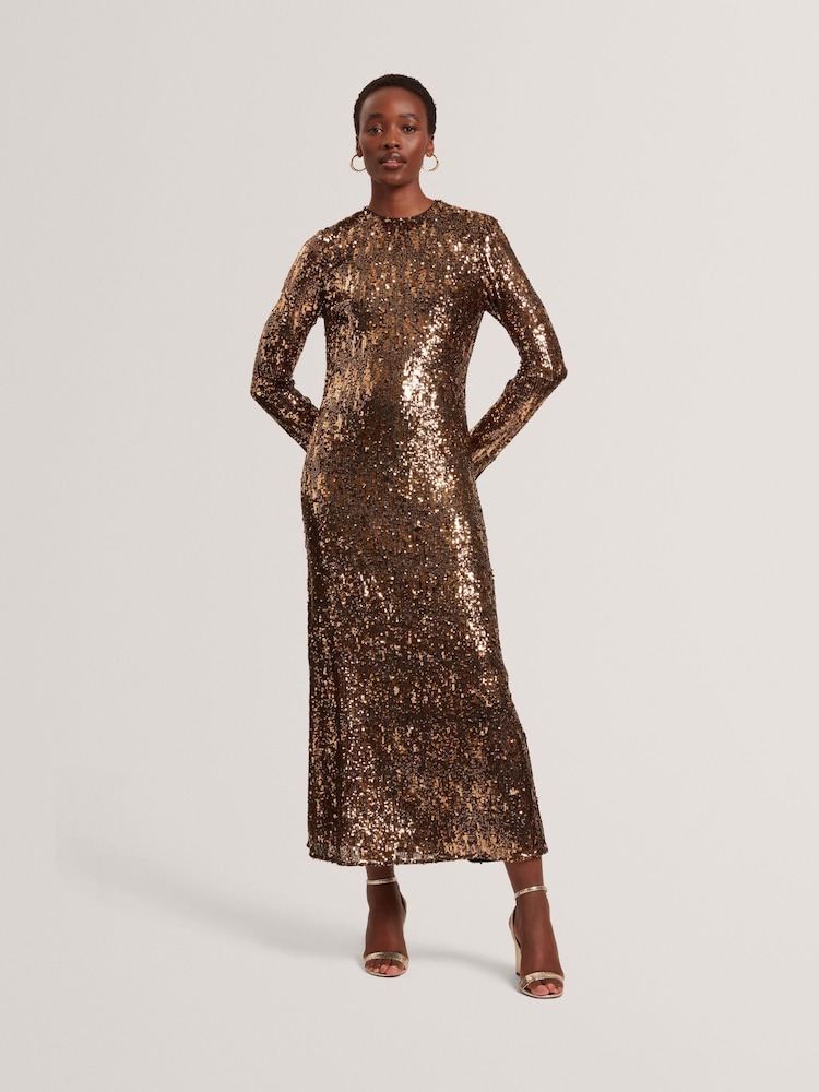 Ted Baker Natural Jadeaa - Sequinned Long Sleeve Midi Dress - Image 1 of 5 Ted Baker Natural Jadeaa - Sequinned Long Sleeve Midi Dress - Image 1 of 5