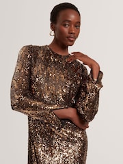 Ted Baker Natural Jadeaa - Sequinned Long Sleeve Midi Dress - Image 3 of 5