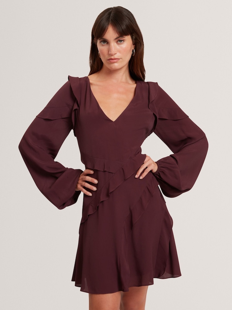 Ted Baker Red Neira Long Sleeve Frill Detail Mini Dress - Image 1 of 7