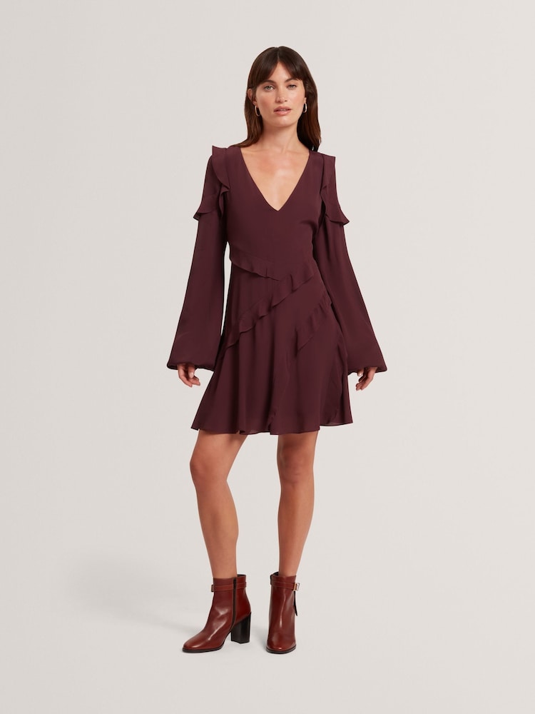 Ted Baker Red Neira Long Sleeve Frill Detail Mini Dress - Image 2 of 7