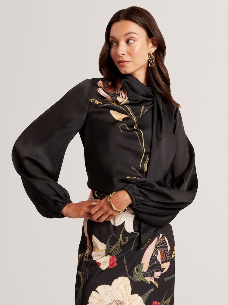 Ted Baker Black Ortuga - Neck Tie Printed Long Sleeve Top - Image 1 of 5 Ted Baker Black Ortuga - Neck Tie Printed Long Sleeve Top - Image 1 of 5