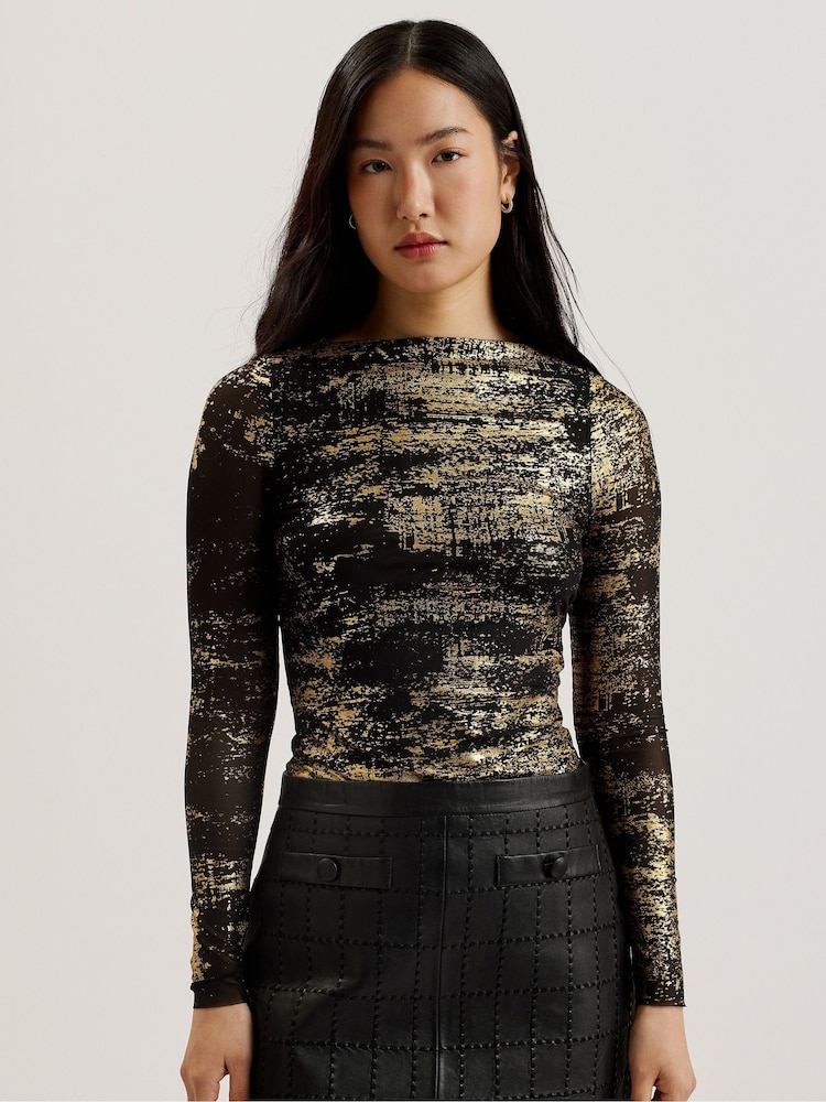 Ted Baker Black Karenha Foil Printed Skinny Fit Mesh Tops - Image 1 of 5 Ted Baker Black Karenha Foil Printed Skinny Fit Mesh Tops - Image 1 of 5