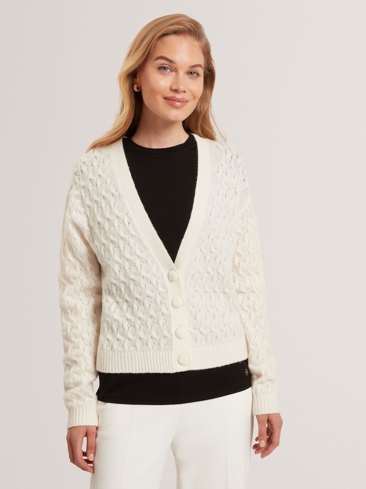Ted Baker White Kylana Cable Knit V-Neck Cardigan - Image 1 of 5 Ted Baker White Kylana Cable Knit V-Neck Cardigan - Image 1 of 5