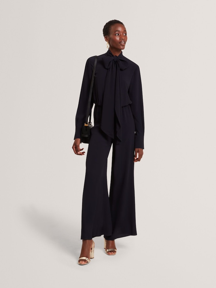 Ted Baker Blue Kyrabe - Cravat Tie Neck Shirt Wide Leg Jumpsuit - Image 1 of 6 Ted Baker Blue Kyrabe - Cravat Tie Neck Shirt Wide Leg Jumpsuit - Image 1 of 6