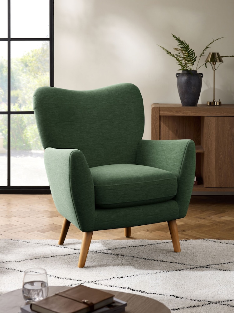 Fine Chenille Easy Clean Mid Khaki Green Wilson Highback Armchair - Image 1 of 4