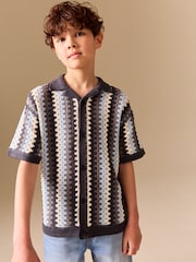 Albastru - Textured Crochet Knitted Polo Shirt (3-16yrs) - Imaginea 1 din 8