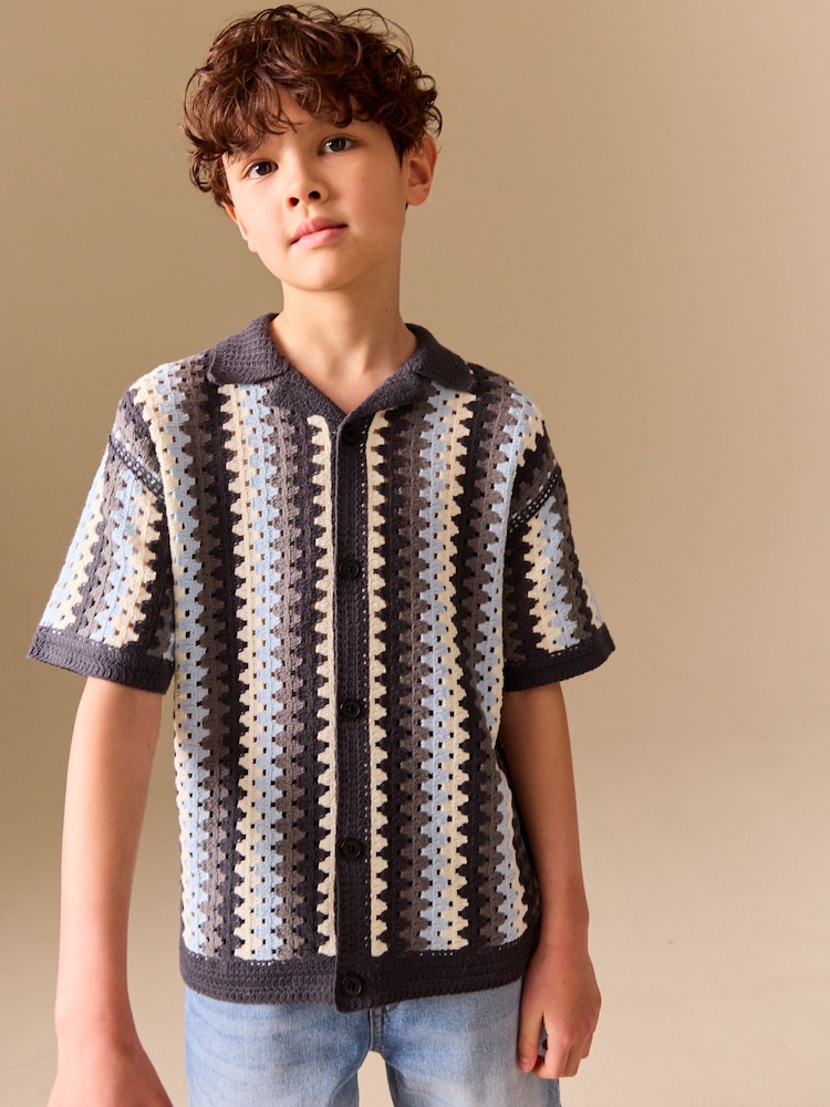 Albastru - Textured Crochet Knitted Polo Shirt (3-16yrs) - Imaginea 1 din 8