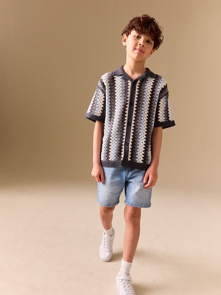 Albastru - Textured Crochet Knitted Polo Shirt (3-16yrs) - Imaginea 2 din 8