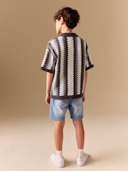 Albastru - Textured Crochet Knitted Polo Shirt (3-16yrs) - Imaginea 3 din 8