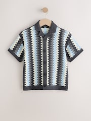 Albastru - Textured Crochet Knitted Polo Shirt (3-16yrs) - Imaginea 5 din 8