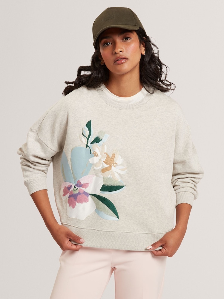 Ted Baker Grey Brookla Printed Embroidered Sweattop - Image 1 of 7 Ted Baker Grey Brookla Printed Embroidered Sweattop - Image 1 of 7