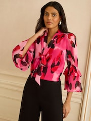 Love & Roses Pink Animal 3/4 Flute Sleeve Pussybow Blouse - Image 1 of 4