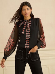 Love & Roses Black Red Heart Long Sleeve Pussybow Blouse - Image 1 of 4