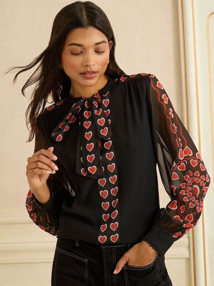 Love & Roses Black Red Heart Long Sleeve Pussybow Blouse - Image 2 of 4