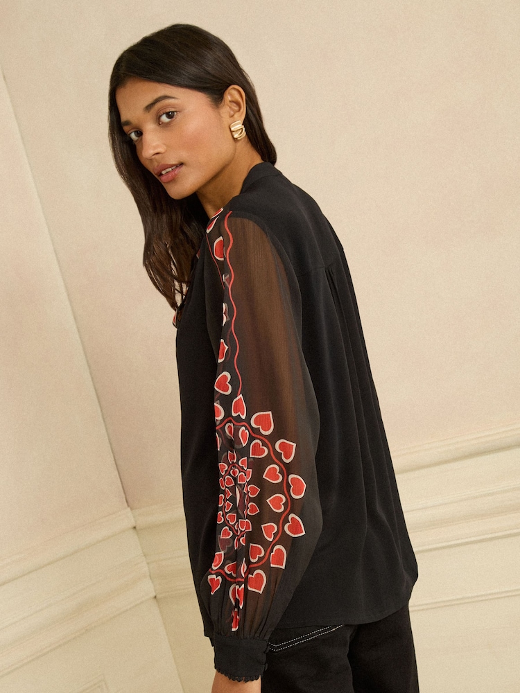 Love & Roses Black Red Heart Long Sleeve Pussybow Blouse - Image 4 of 4 Love & Roses Black Red Heart Long Sleeve Pussybow Blouse - Image 4 of 4