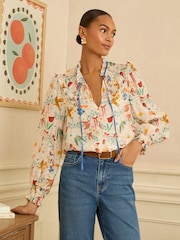 Love & Roses Ivory Printed Long Sleeve Notch Neck Shirred Blouse - Image 1 of 4