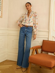 Love & Roses Ivory Printed Long Sleeve Notch Neck Shirred Blouse - Image 3 of 4