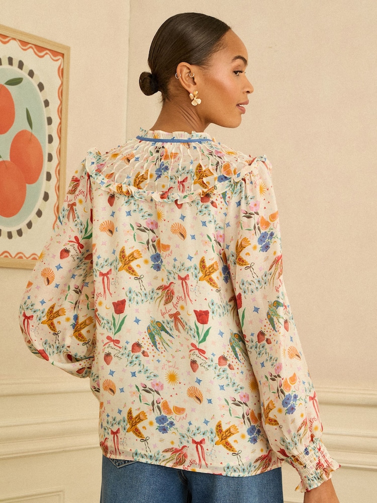 Love & Roses Ivory Printed Long Sleeve Notch Neck Shirred Blouse - Image 4 of 4 Love & Roses Ivory Printed Long Sleeve Notch Neck Shirred Blouse - Image 4 of 4