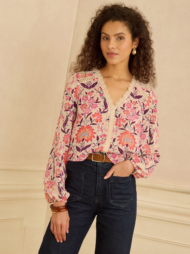 Love & Roses Ivory Floral Print V-Neck Lace Long Sleeve Dobby Blouse - Image 1 of 4