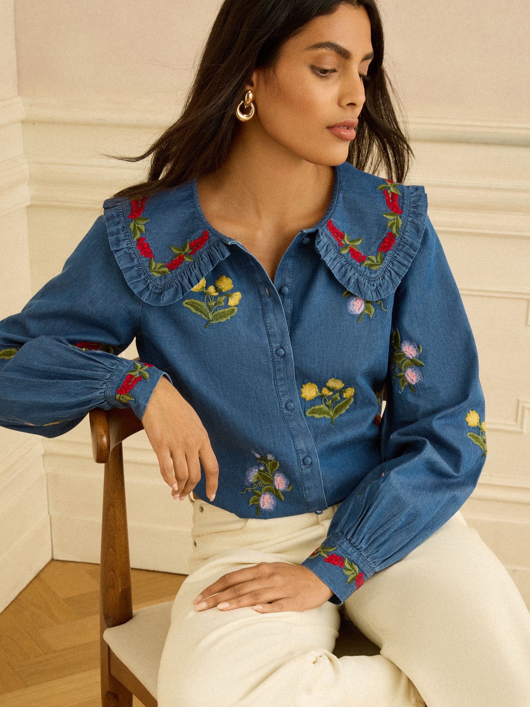 Buy Love & Roses Blue Floral Embroidered Collar Blouse from the