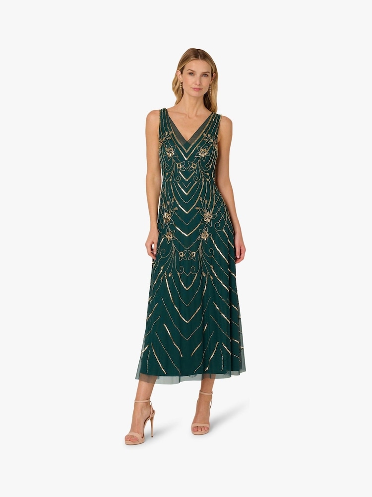 Adrianna Papell Green Studio Beaded Mesh Dress - Image 1 of 6 Adrianna Papell Green Studio Beaded Mesh Dress - Image 1 of 6