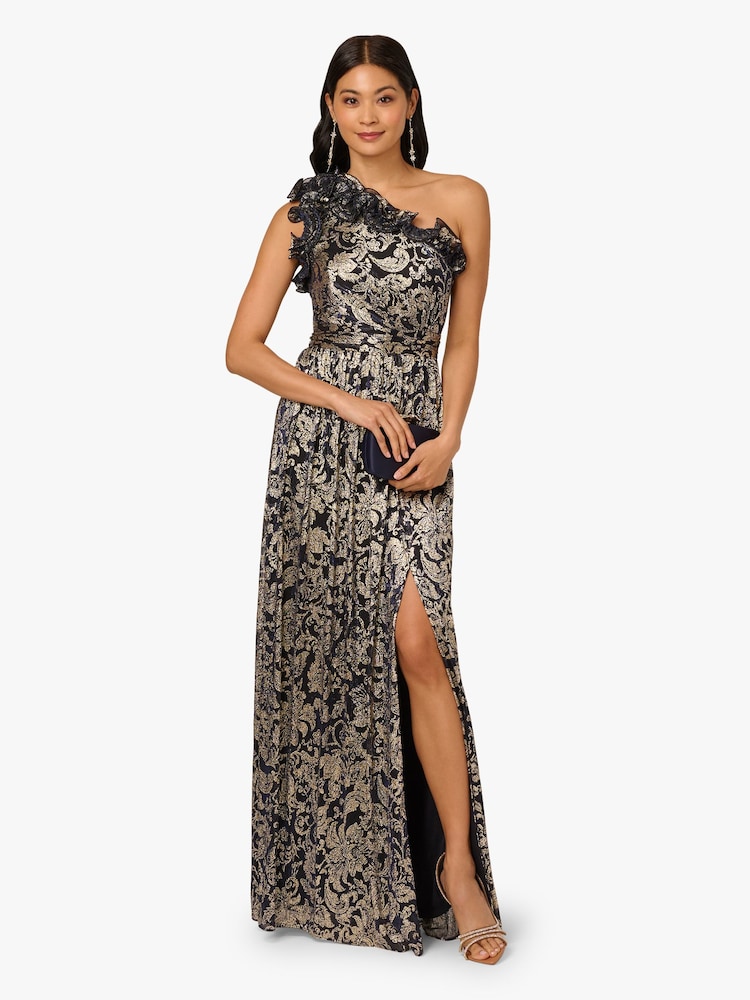 one shoulder crinkle dress One Shoulder Metallic Floral Crinkle Chiffon Gown In Gold Multi, Gold Multi / Regular / 6