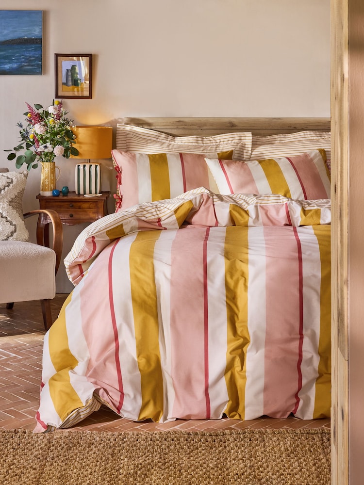 FatFace Pink/Ochre Stripe Bows Duvet Cover and Pillowcase Set - Image 1 of 6