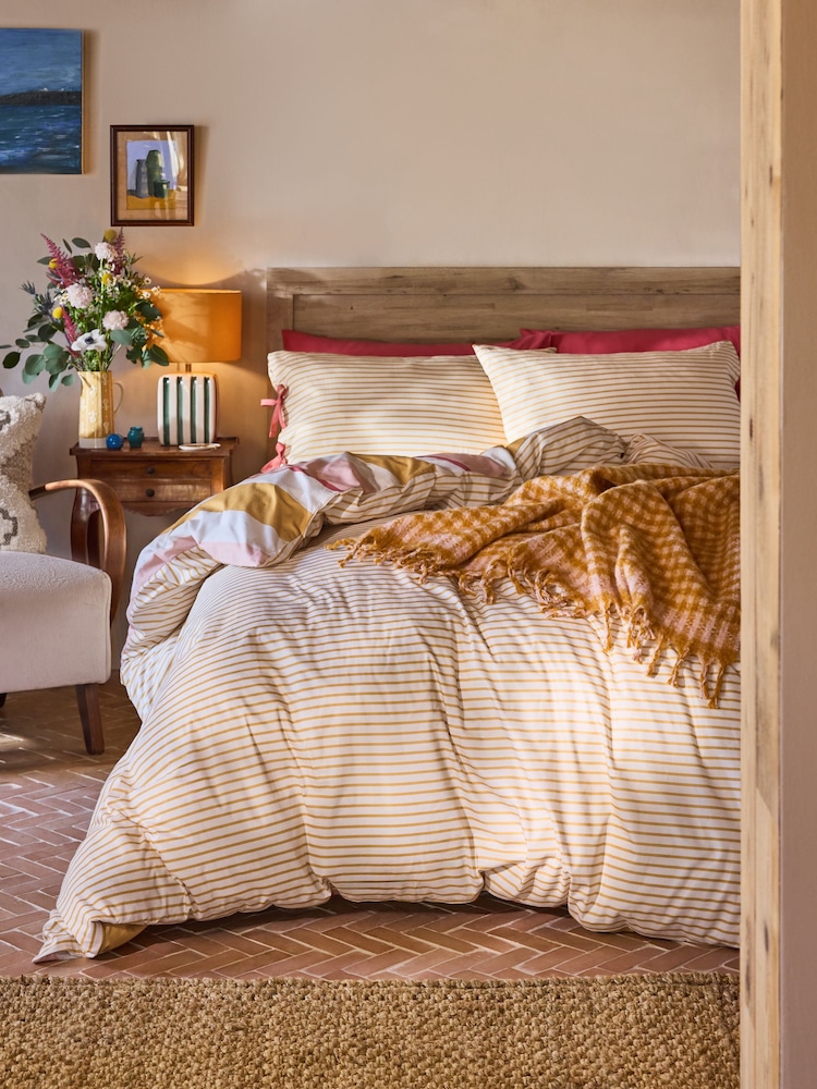 FatFace Pink/Ochre Stripe Bows Duvet Cover and Pillowcase Set - Image 2 of 6