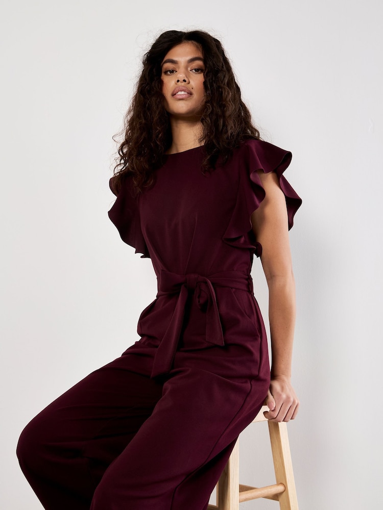 Apricot Red Ruffle Sleeve Pleat Detail Jumpsuit - Image 5 of 5