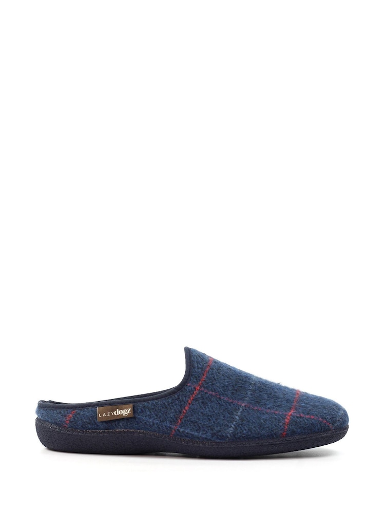 Lazy Dogz Blue Farrell Check Print Slip On Slippers - Image 1 of 6