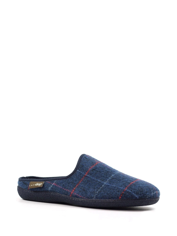 Lazy Dogz Blue Farrell Check Print Slip On Slippers - Image 2 of 6