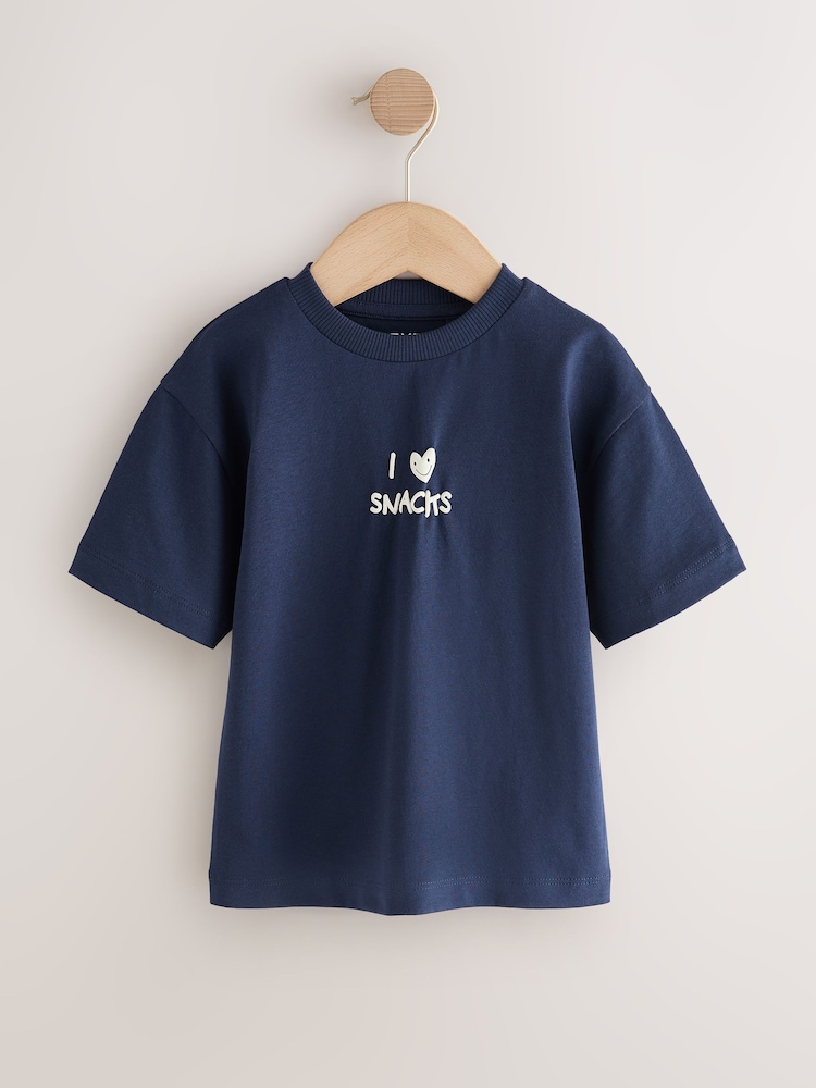 Navy Blue I love snacks Slogan Short Sleeve Small Graphic T-Shirt (3mths-7yrs) - Image 1 of 7